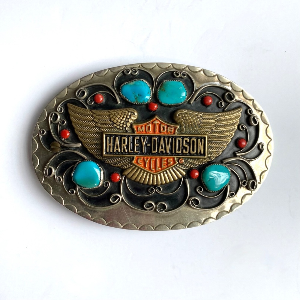 Vintage XL Harley Davidson Motorcycles Silver & Genuine Turquoise Belt Buckle